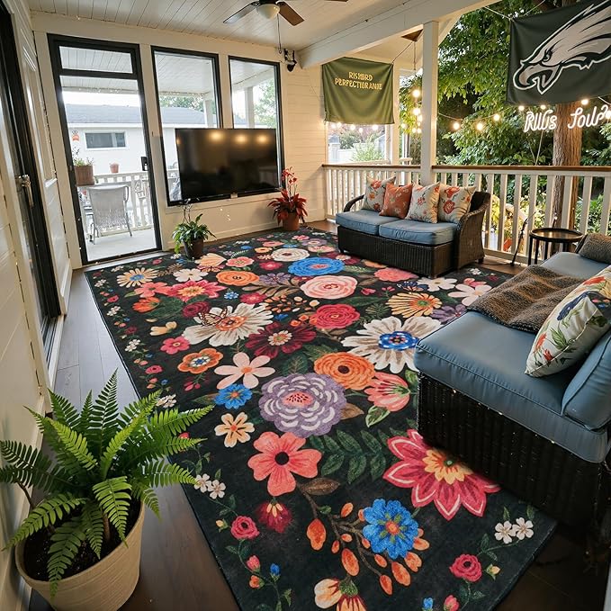 Black/Brown Living Room Rugs, Area Rugs 5x8 Rug for Bedroom Ultra-Thin Soft, Non-Slip Washable Rugs Stain Resistant Boho Rug Low-Pile Throw Rug for ‎Dining Room Office (5 x 8, Black/Brown)