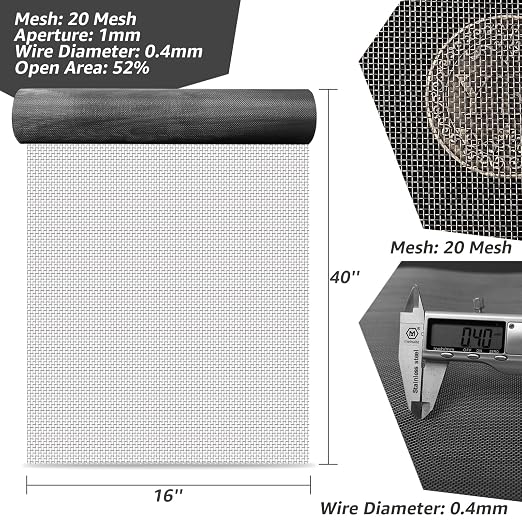 AMZDEPOT 16x40 Inch Wire Mesh Roll, 20 Mesh Stainless Steel Mesh, Never Rust - Image 2