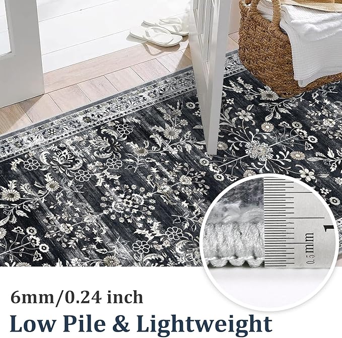 Yamaziot Washable Runner Rug 2x3 – Non Slip Small Entryway Rug Boho Floral Rug with Rubber Backing, Low Pile Faux Wool Distressed Carpet for Indoor Door Mat, Kitchen, Laundry Entrance, Navy/Black
