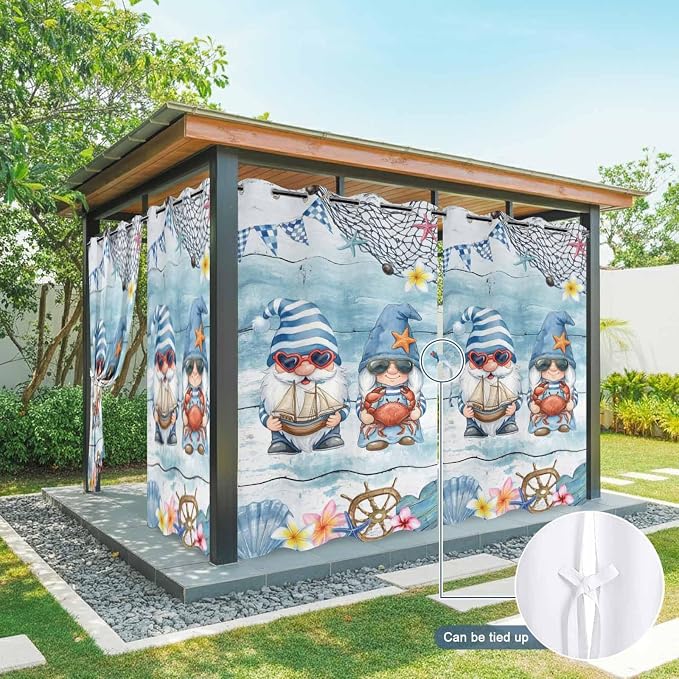 Ocean Gnome Outdoor Curtains for Patio Summer Marine Plumeria Shell Wood Blue - Image 7