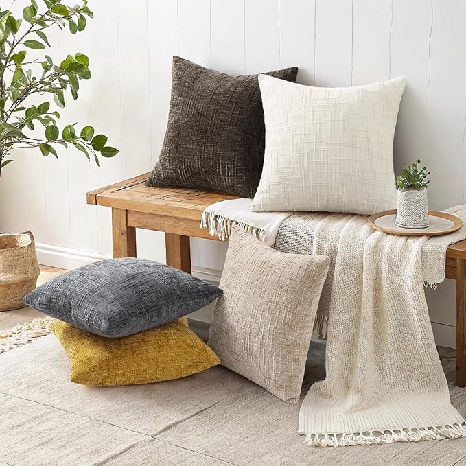 decorUhome Summer Mustard Yellow Chenille Throw Pillow Covers 18x18 Set of 2 Textured Soft Cozy Slubby Couch Pillow Covers Modern Farmhouse Boho Decorative Pillow Cases for Bed Sofa Living Room