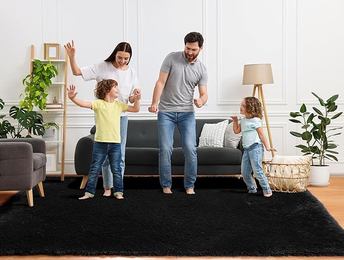 ONASAR Black Area Rugs for Living Room Bedroom, 5x8 Fluffy Shaggy Rug, Soft Plush Large Indoor Floor Carpet for Nursery Kids Girls Boys Teen Dorm Bedside Playroom Home Office Decor Aesthetic