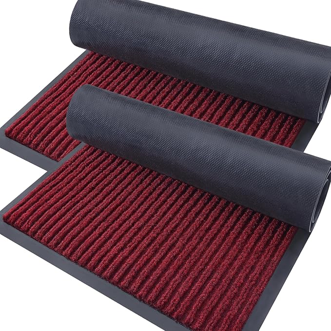 OLANLY Front Door Mat Indoor Outdoor Entrance, 2-Pack 47 x 23 Inch, Waterproof Heavy Duty Doormat, Fade Resistant, Low Profile, Easy Clean Patio Porch Welcome Floor Mats for Entry, Wine Red