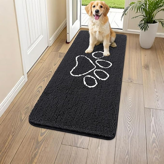 Smiry Dog Door Mat for Muddy Paws, Absorbent Dirt Trapper Non Slip Quick Dry Washable Chenille Mat for Mud Dogs, Entry Rug for Indoor and Outdoor (47x24 Inches, Black and White)