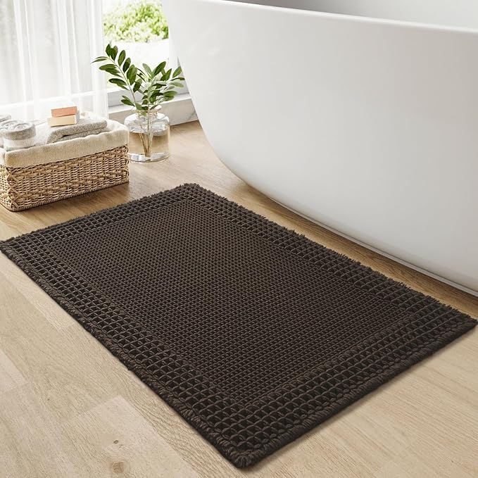 RESARE Waffle Bath Mat, Super Absorbent Non Slip, Machine Washable, Ultra Soft Boho Bath Rugs with Tassels, Upgraded Bordered Design, 17"x24" Chocolate Brown
