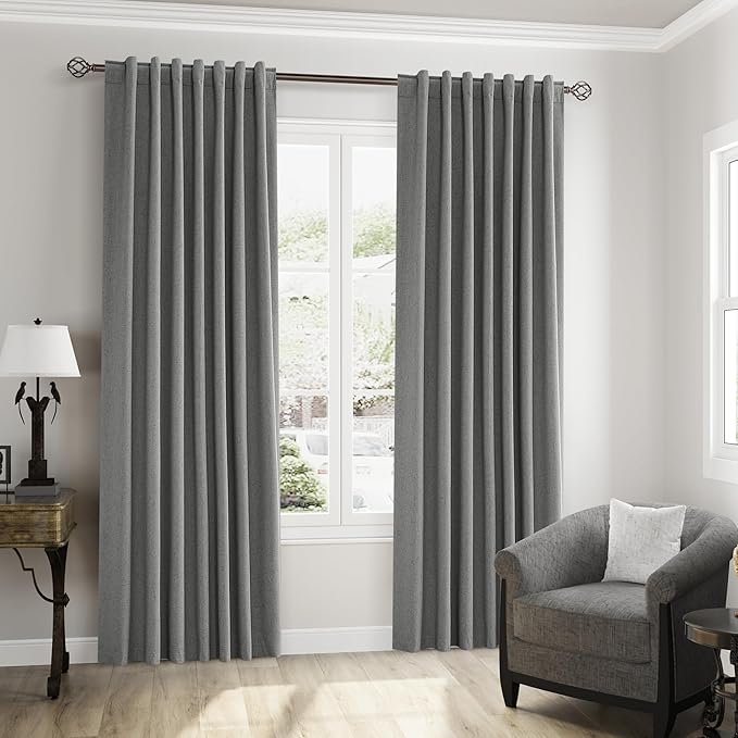 Guken 100% Blackout Linen Curtains 72 Inch Length 2 Panels Set for Living Room Bedroom Back Tab Thermal Insulated Black Out Linen Drapes Room Darkening Window Curtains,Dark Grey
