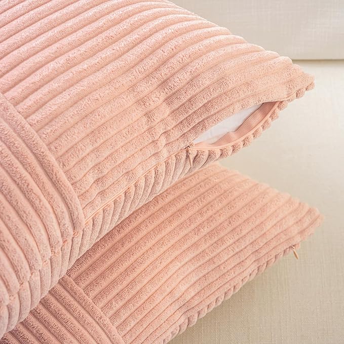 Fancy Homi 2 Packs Peach Samll Decorative Throw Pillow Covers 14x14 Inch with for Couch Bed Sofa, Rustic Farmhouse Boho Home Decor, Soft Corss Patchwork Corduroy Square Cushion Case 35x35 cm