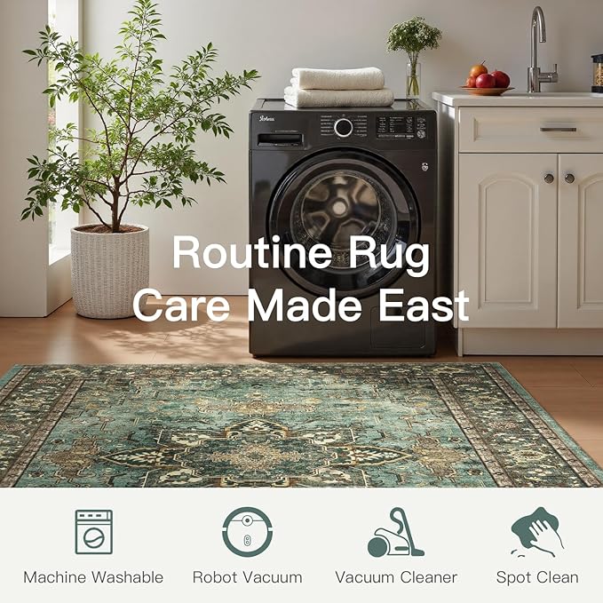 Lofus 3x5 Area Rugs for Living Room, Washable Area Rug, Rugs for Bedroom, Kitchen, Vintage Boho Carpet, Soft Non-Slip, Low Pile Large Area Rug for Office Dining Room, Green