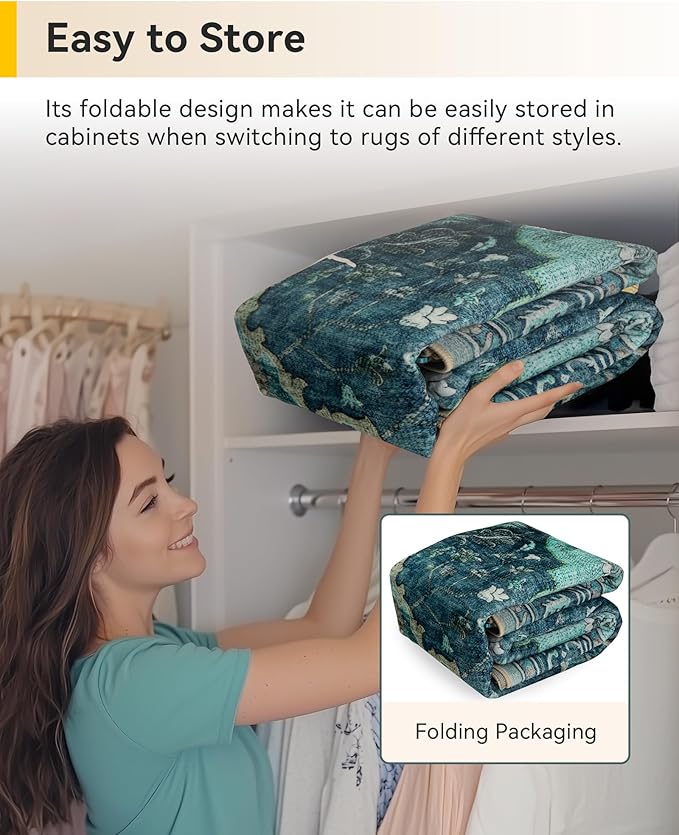 RELEANY Area Rugs Square 6ft Washable Non-Slip, Floral Vintage Distress Print Pattern Medallion Carpet for Living Room Bedroom Dining Room, Teal Green Lake Blue Turquoise
