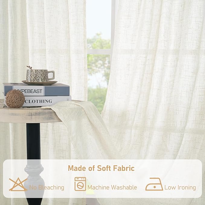 LAMIT Cream Linen Curtains for Living Room 84 inch Length 2 Panels, Light Filtering Semi Sheer Panels Back Tab and Rod Pocket Boho Drapes for Bedroom/Farmhouse, 38 x 84 Inch