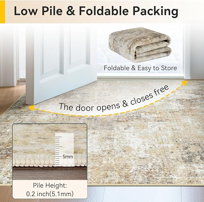 Washable Area Rugs 3'x5' Non-Slip Modern Abstract Soft for Living Room Entryway Bedroom Nursery, Print Pattern, Neutral Brown Gray