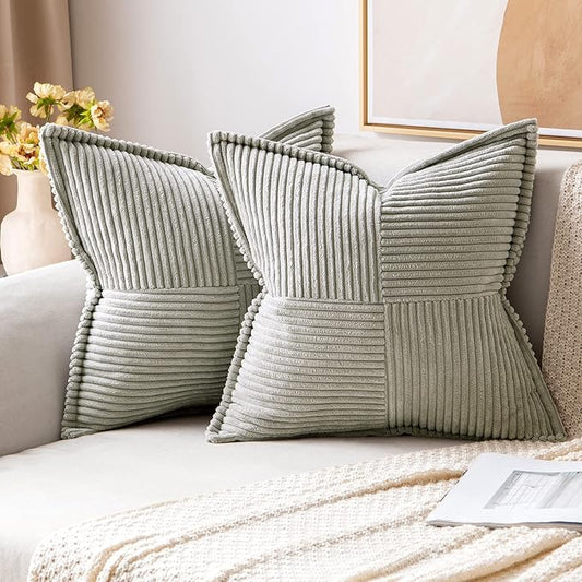 MIULEE Light Grey Corduroy Pillow Covers 16x16 Inch with Splicing Set of 2 Soft Boho Striped Pillow Covers Broadside Decorative Textured Pillowcases for Couch Cushion Bed Livingroom
