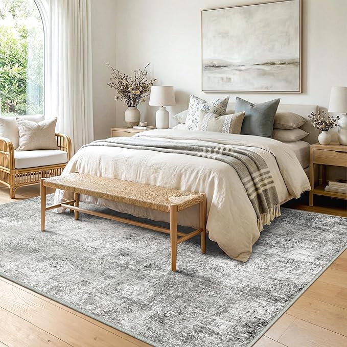 Washable Area Rugs 7'x9' Non-Slip Modern Abstract Soft for Living Room Entryway Bedroom Nursery, Print Pattern, Gray White Grey