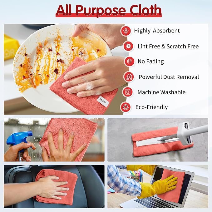 FIXSMITH Red Microfiber Cleaning Cloth -Pack of 8, Highly Absorbent Cleaning - Image 6