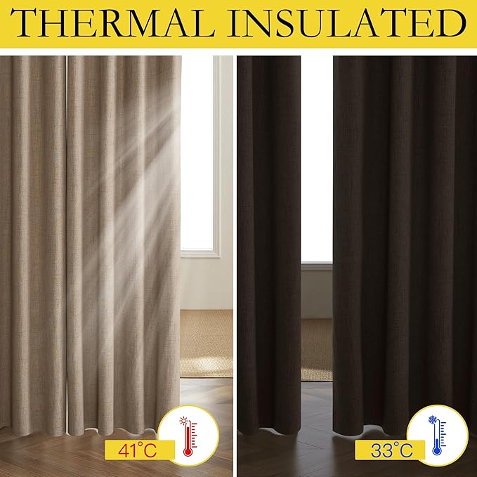 NICETOWN Burlap Vintage Open Linen Weave Flax Thermal Curtains, 100% Blackout Curtains 63" Long for Dining Room, Soundproof Window Treatment Drapes for Dorm Room, 62" Wide Per Panel, Set of 2