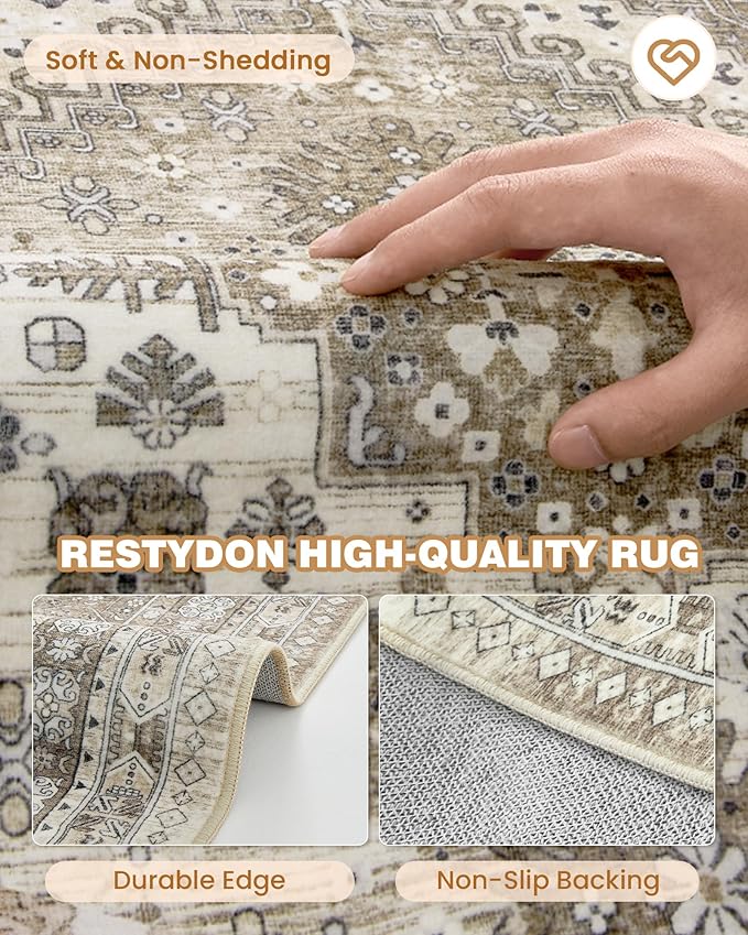 2x5 Rug Runner Washable for Entryway, Soft Bathroom Rugs with Non-Slip Backing,Vintage Low Pile Stair Runner, Small Kitchen Carpet for Hallways, Laundry Room(Brown,2'x5')