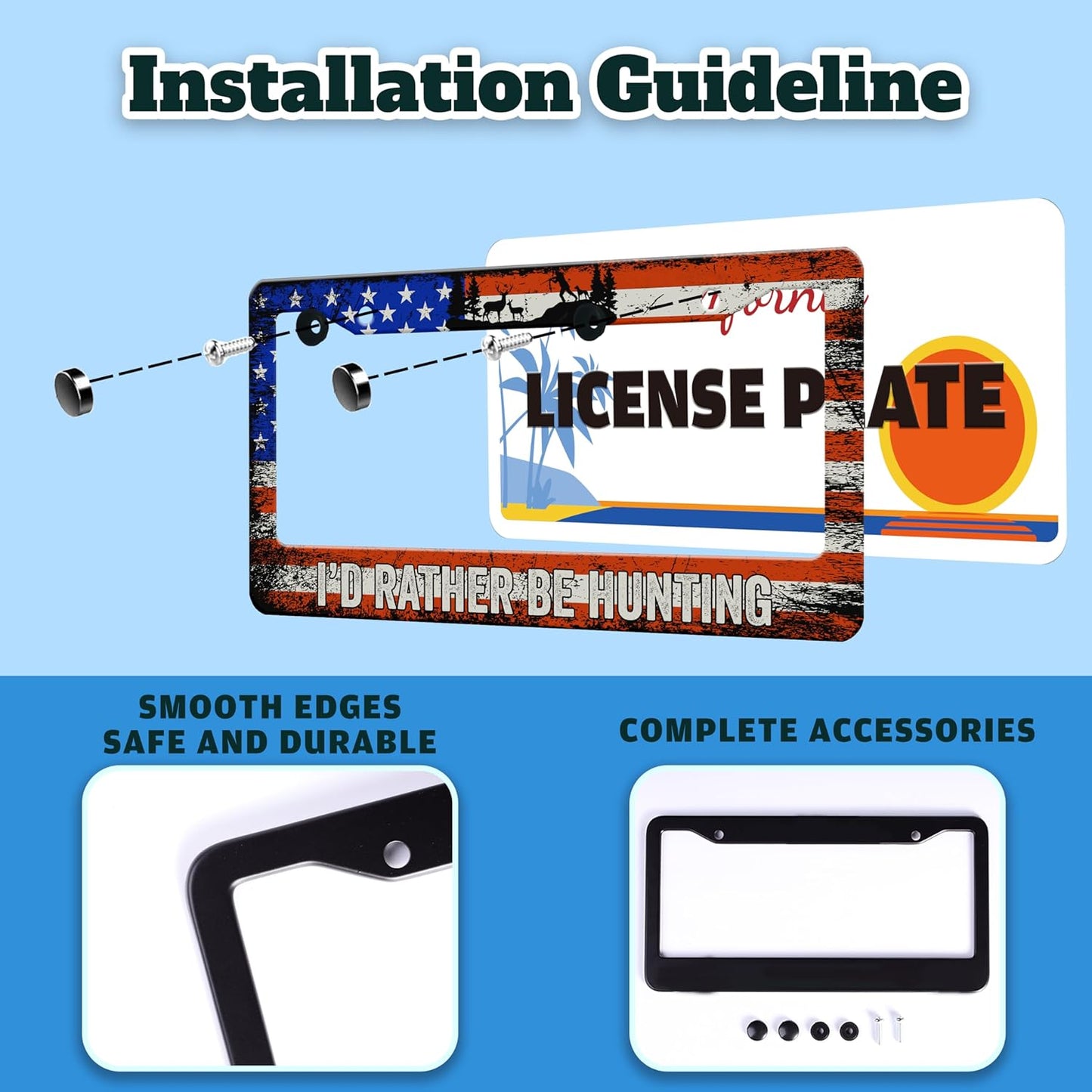 I'd Rather Be Hunting License Plate Frame Retro American Flag License Plate Holder for Front or Rear Car Tags Durable Stainless Steel Car Funny Decoration with Screws 6.3 X 12.2 Inch for Men Women