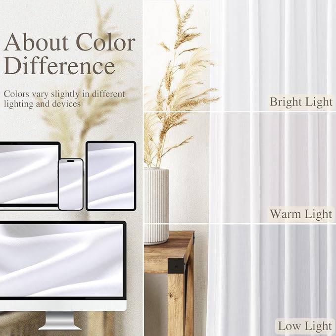 Snow White Linen Curtains 63 Inch Length for Living Room Light Filtering Semi Sheer Curtain Back Tab Luxury Neutral Coastal Modern Farmhouse Decor Drapes for Bedroom Dinner Room 52x63, 2 Panels