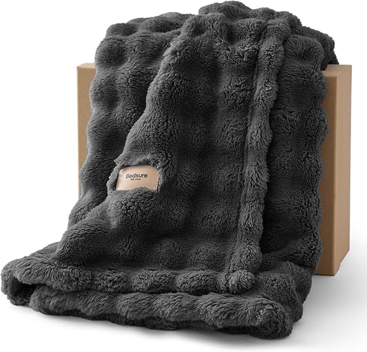 Bedsure 3D Fleece Bubble Blanket for Couch - GentleSoft Grey Throw Blanket for Sofa Bed Room Decor - Luxury Soft Cozy Gifts for Kids, Lightweight, All Seasons, Dark Grey, 50"×60"