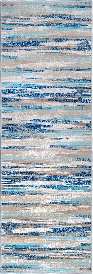 Lansny Modern Abstract Runner Rug 2.6x8, Blue Washable Kitchen Runner Non-Slip Soft Hallway Rug Runner Thin Print Faux Wool Carpet for Entryway Bedroom Laundry Room Indoor Home Decor