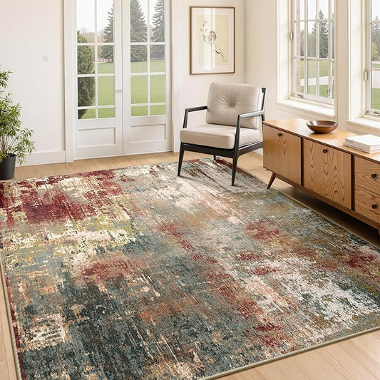 Washable Area Rugs 4'x6' Non-Slip Modern Abstract Soft for Living Room Entryway Bedroom Nursery, Print Pattern, Brown Rust Red Green Blue Multi