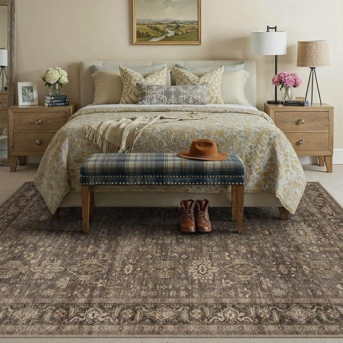 5x7 Washable Area Rug for Living Room Bedroom Vintage Brown Soft Low Pile Carpet Traditional Retro Non Slip Throw Rug for Dining Room Entryway Indoor Dorm Kitchen