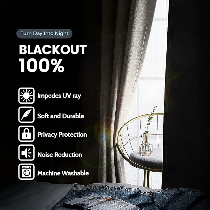 SimpleHome 100% Blackout Curtains for Bedroom,Thermal Insulated Natural Grommet Window Drapes Room Darkening Curtains for Living Room with Black Back,38 x 84 Inch,2 Panels