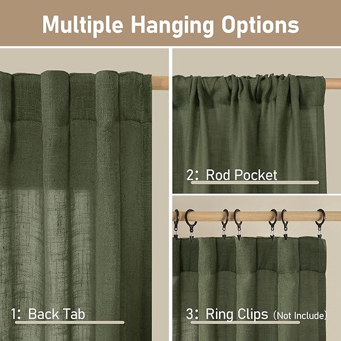 LAMIT Light Filtering Linen Curtains 78 inch for Bedroom, Linen Textured Semi Sheer Back Tab and Rod Pocket Boho Modern Christmas Decor Drapes for Living Room, Olive Green, 2 Panels, 52 x 78 Inch