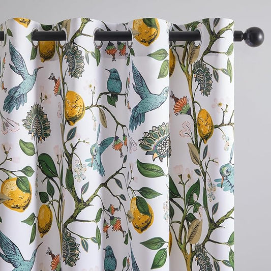 Topfinel Kitchen Curtains 45 Inch Length White Vintage Blackout Curtains for Cafe Kitchen, Short Grommet Luxury Whimsical Floral Hummingbird Patterned 45 Inches Long for Living Room Bedroom