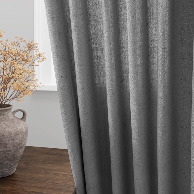 Dark Grey Linen Curtains 96 Inches Long for Living Room Burlap Textured Linen Drapes Rod Back Tab Vintage Rustic Farmhouse Light Filtering Curtain 96 Inch Length for Dinning Room Bedroom 52x96