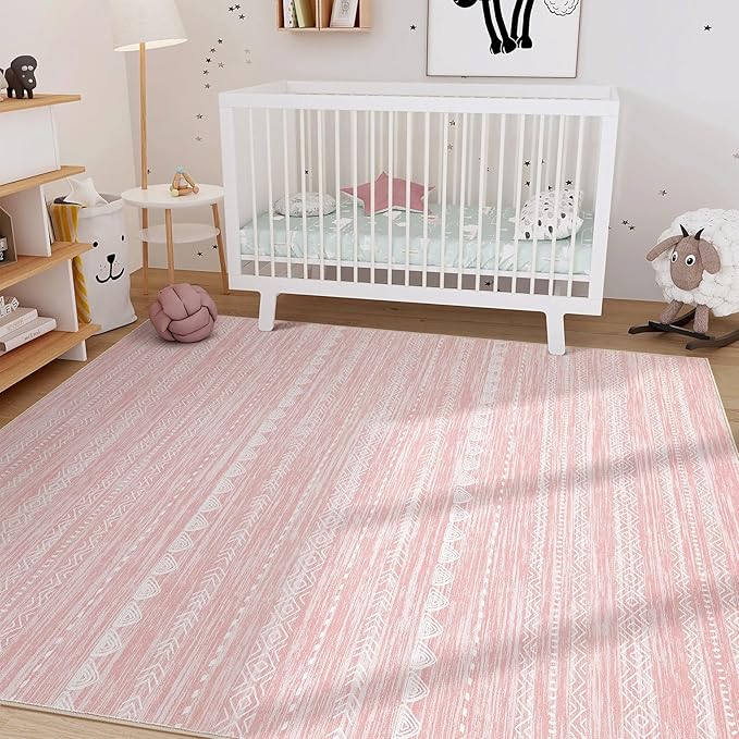 Nakagishi Pink Rugs for Bedroom Girls: 5x8 Washable Boho Large Neutral Area Rug Cute Soft Modern Indoor Floor Non Slip Accent Carpet for Living Room Nursery Kids Playroom Dorm Preppy Baby Room Decor