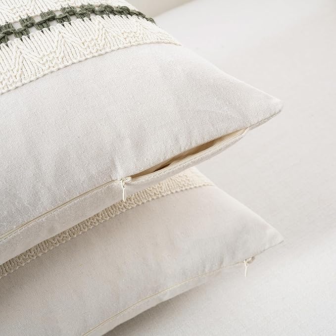 Fancy Homi Set of 1 Boho Olive Green Euro Decorative Throw Pillow Cover 26x26 Inch for Couch Bed Bedroom, Aesthetic Modern Organic Farmhouse Room Decor, Soft Cotton Accent Macrame Woven Cushion Case