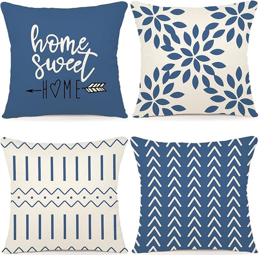 YCOLL Pillow Covers 16x16 Set of 4, Modern Sofa Throw Pillow Cover, Decorative Outdoor Linen Fabric Pillow Case for Couch Bed Car，Light Blue