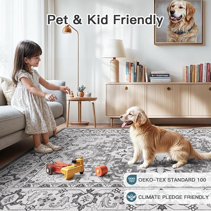 Lofus 6x9 Area Rugs for Living Room, Washable Area Rug, Rugs for Bedroom, Kitchen, Vintage Boho Carpet, Soft Non-Slip, Low Pile Large Area Rug for Office Dining Room, Floral Grey