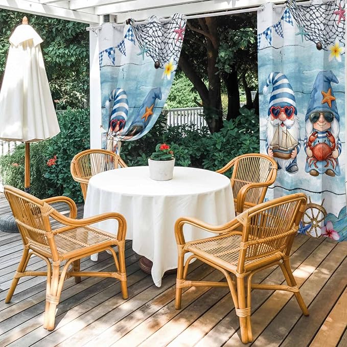 Ocean Gnome Outdoor Curtains for Patio Summer Marine Plumeria Shell Wood Blue - Image 4