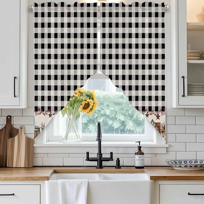 Swag Curtain Valances for Kitchen Windows, Farm Wooden House Black Buffalo - Image 3