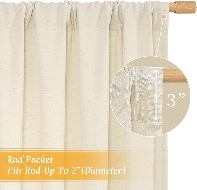 LAMIT Linen Curtains 72 inches Long for Living Room, Soft Thick Linen Privacy Light Filtering Rod Pocket Window Treatments Neutral Drapes for Bedroom, 2 Panels Set, 52 x 72 Inch, Light Beige