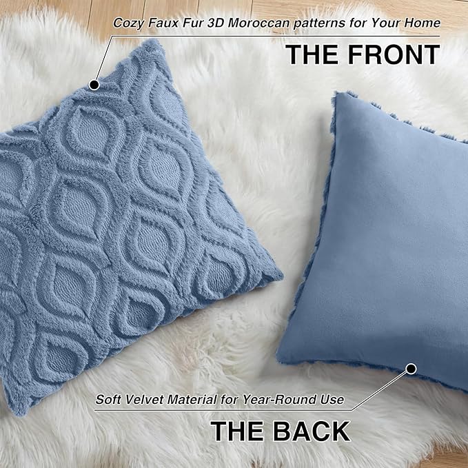 decorUhome Throw Pillow Covers 24x24 Inch Set of 2, Soft Plush Faux Wool Dusty Blue Solid Couch Pillow Covers, Accent Euro Sham Farmhouse Neutral Square Pillow Cases for Sofa Bed Living Room