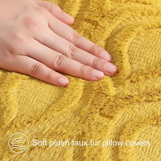 decorUhome Summer Throw Pillow Covers 24x24 Inch Set of 2, Soft Plush Faux Wool Mustard Yellow Solid Couch Pillow Covers, Accent Euro Sham Farmhouse Square Pillow Cases for Sofa Bed Living Room