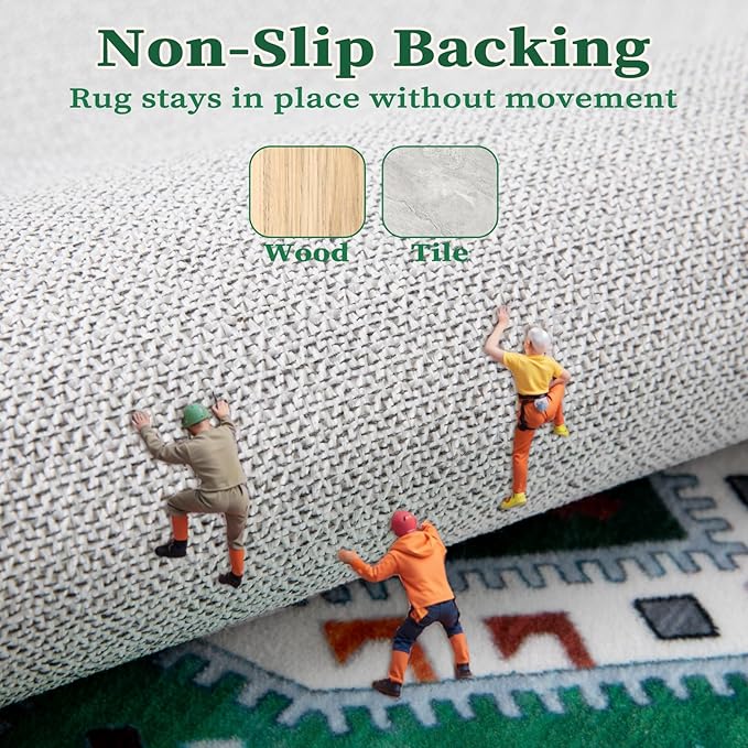 SERISSA Washable Rugs 8x10 Area Rugs, Large Non-Slip Boho Living Room Rug, Ultra Soft Oriental Vintage Green White Print Distressed Carpet for Dining Room Bedroom Dorm Office Home Decor