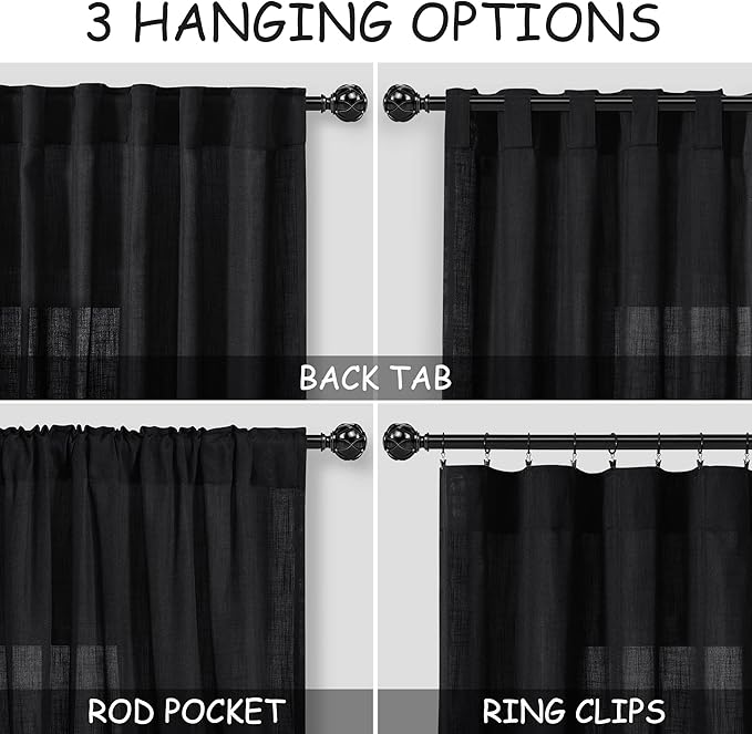 Nanspring Black Semi Sheer Linen Curtains 78 inch Length for Living Room Back Tab Rod Pocket Modern Farmhouse Coastal Decor Black Cotton Textured Gauze Curtains for Dining Room Office 52x78