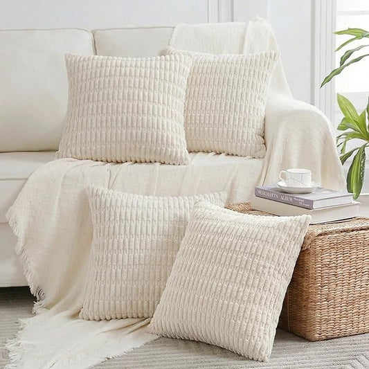 Fancy Homi 4 Packs Boho Cream Decorative Throw Pillow Covers 22x22 Inch for Living Room Couch Bed Sofa, Rustic Modern Farmhouse Home Decor, Soft Plush Corduroy Beige Cute Square Cushion Case 55x55 cm