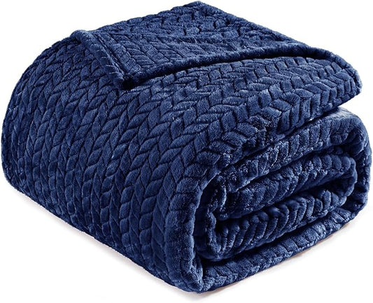 Exclusivo Mezcla Fleece Twin Size Blanket for Bed, 60x80 Inches Soft Cozy Jacquard Flannel Blankets, Lightweight Fuzzy Plush Warm for Women, Navy Blue