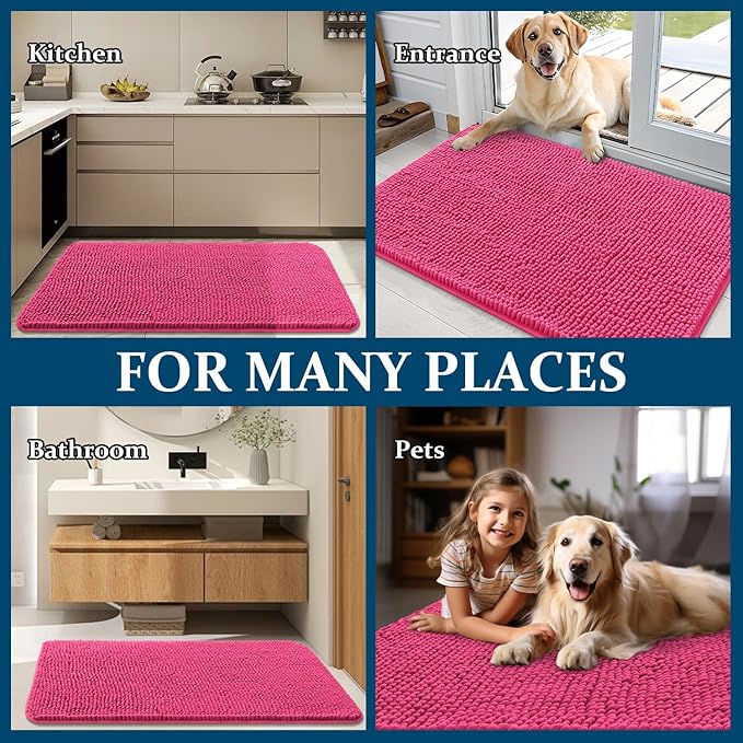 OLANLY Dog Door Mat for Muddy Paws 44x32, Absorbs Moisture and Dirt, Absorbent Non-Slip Washable Doormat, Quick Dry Chenille Mud Mat for Dogs, Entry Indoor Entryway Carpet for Inside Floor, Hot Pink