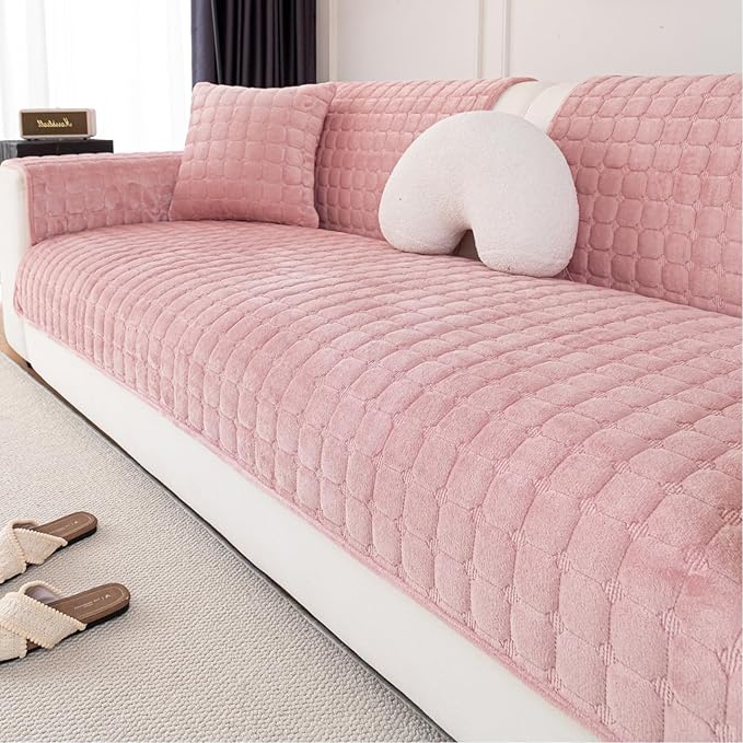 Velvet Couch Cover, Washable Sectional Sofa Cover, Anti Slip Sofa Slipcover for 3 Cushion Couch Sofa L Shaped Armrest Backrest, Furniture Protector Covers for Pets Kids(1PC,Pink,36"×63")