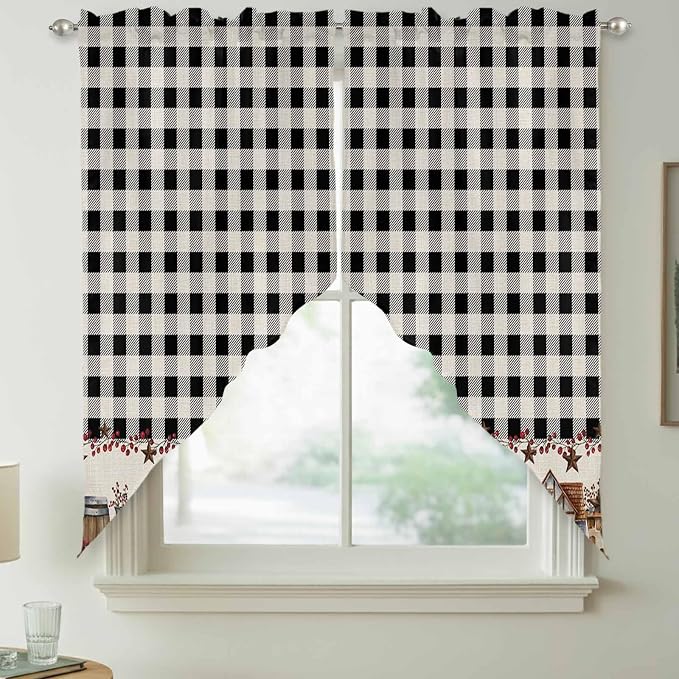 Swag Curtain Valances for Kitchen Windows, Farm Wooden House Black Buffalo - Image 7