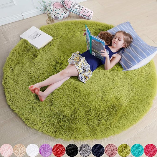 Grass Green Round Rugs 5Ft for Bedroom, Fluffy Shaggy Circle Area Rugs for Kids Playroom Baby Nursery, Cozy Cool Living Room Decor Aesthetic, Cute Fuzzy Furry Plush Carpet for Teen Girls Boys Toddler