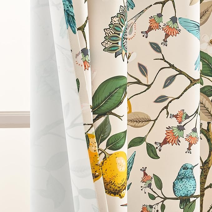 Topfinel Kitchen Curtains 45 Inch Length Beige Vintage Blackout Curtains for Cafe Kitchen Short Grommet Luxury Whimsical Floral Hummingbird Patterned 45 Inches Long for Living Room Bedroom