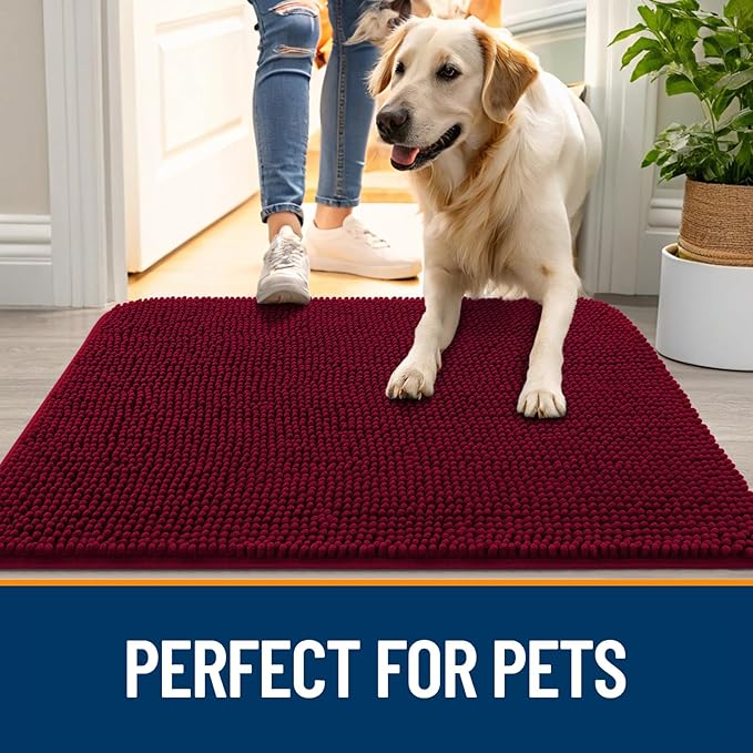 OLANLY Dog Door Mat for Muddy Paws 50x30, Absorbs Moisture and Dirt, Absorbent Non-Slip Washable Doormat, Quick Dry Chenille Mud Mat for Dogs, Entry Indoor Entryway Carpet for Inside Floor, Burgundy