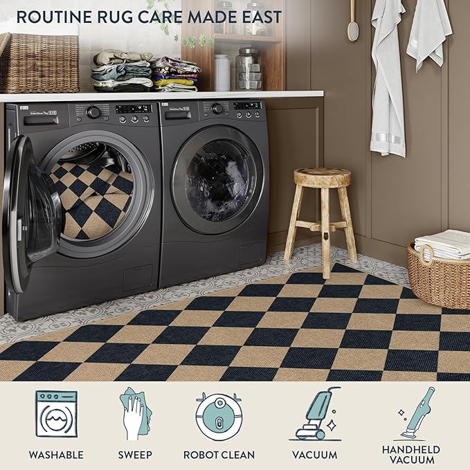 Lahome Colette Checkered Easy Jute Area Rug 8x10, Large Living Room Patio Rug Checkerboard Indoor Outdoor Carpet, Farmhouse Geometric Non Slip Black Carpet for Backyard Dining Room